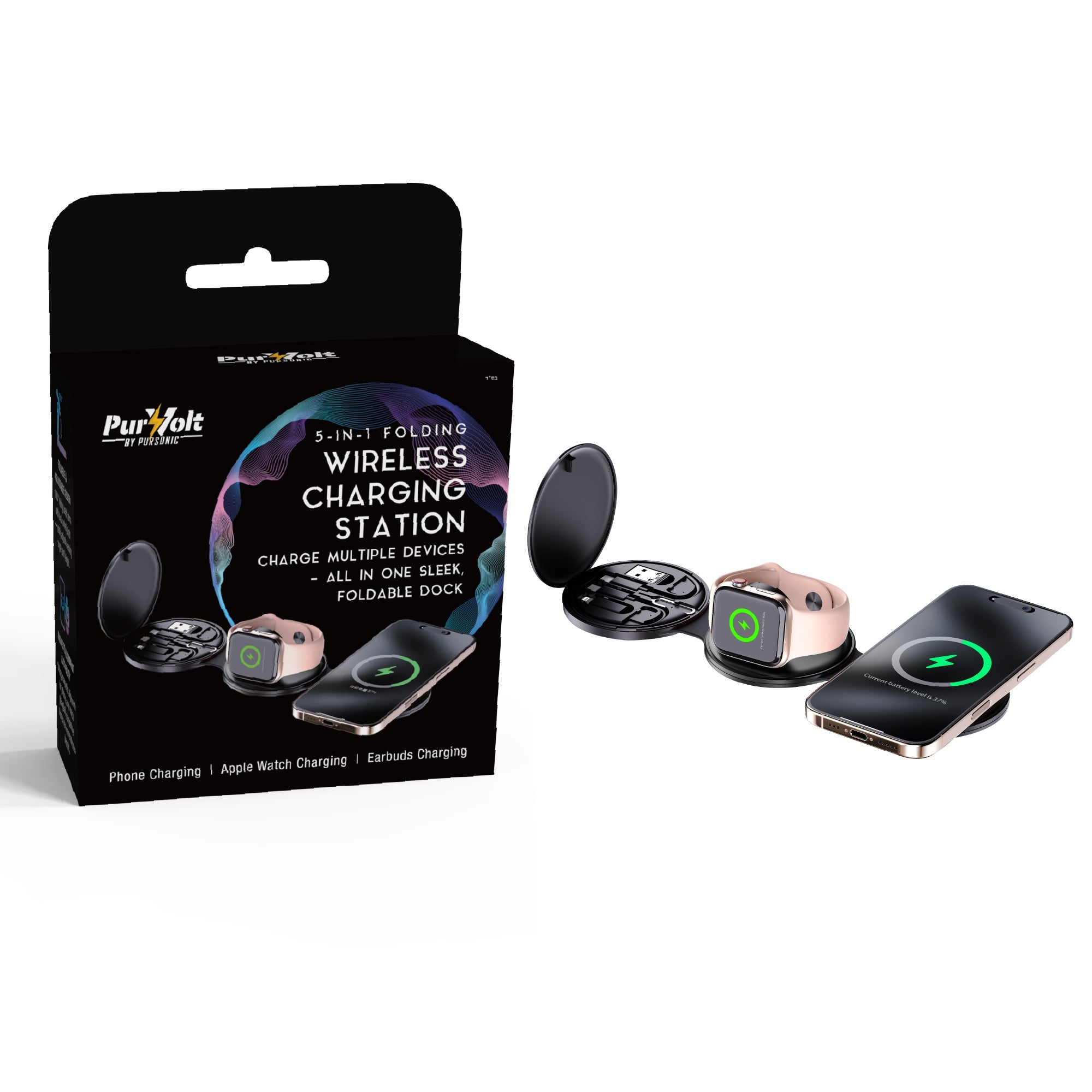 Power & Sound Essentials Bundle – 5-in-1 Folding Wireless Charging Station + True Wireless Earbuds