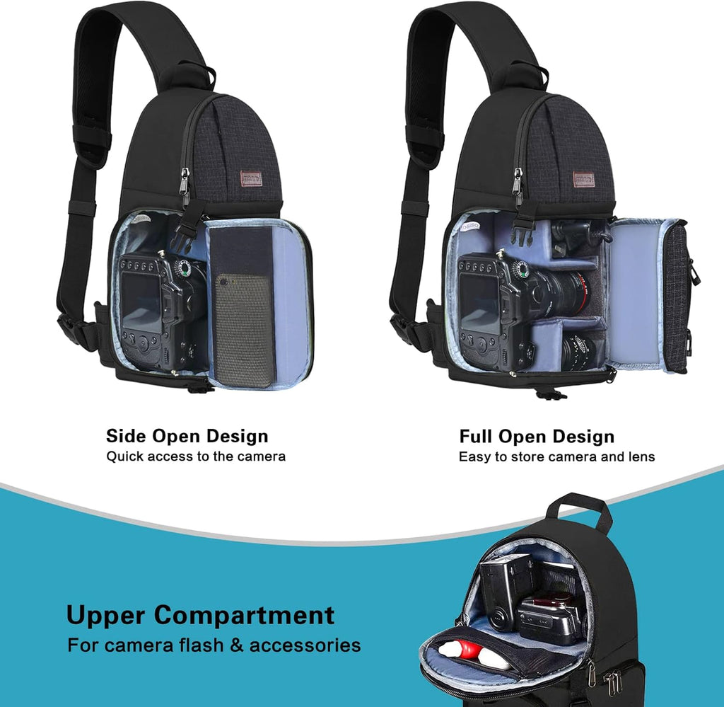 Camera Sling Bag, Dslr/Slr/Mirrorless Camera Case Shockproof Photography Camera Backpack with Tripod Holder & Removable Modular Inserts Compatible with Canon/Nikon/Sony/Fuji, Black